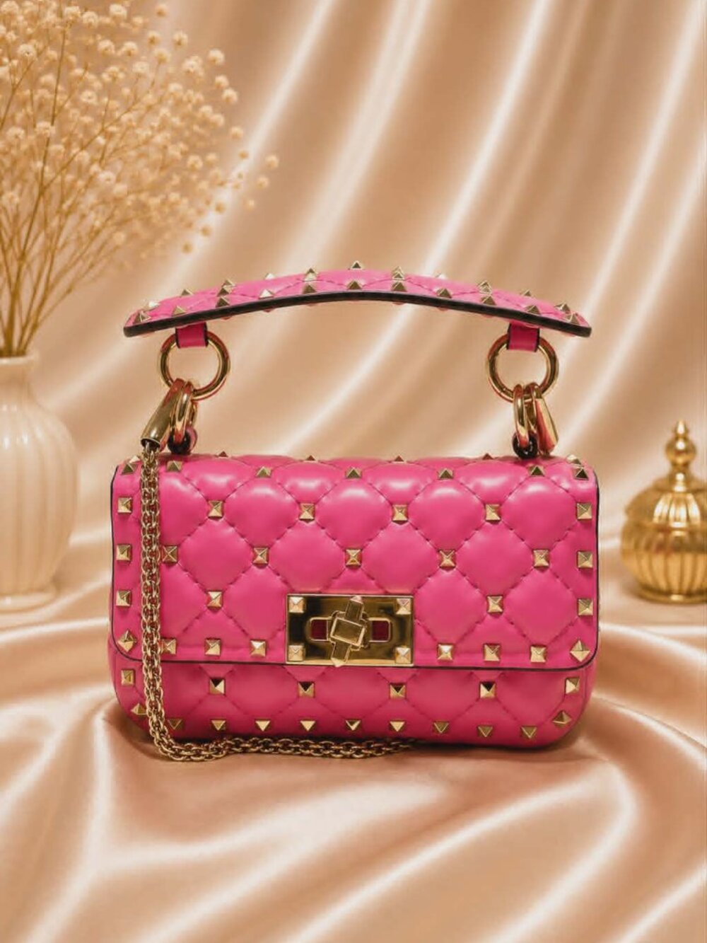 Authentic Valentino Garavani Rockstud Spike Quilted Leather Chain Shoulder Bag